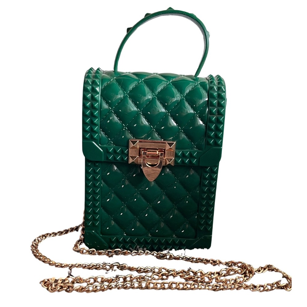 Green Rubber Quilted Crossbody Purse, Gold Chain